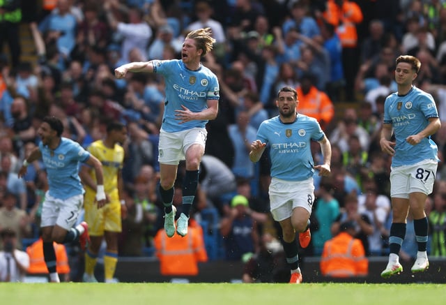 Soccer Football - Premier League - Manchester City v Crystal Palace - Etihad Stadium, Manchester, Britain - April 12, 2025 Manchester City's Kevin De Bruyne celebrates scoring their first goal Action Images via Reuters/Lee Smith EDITORIAL USE ONLY. NO USE WITH UNAUTHORIZED AUDIO, VIDEO, DATA, FIXTURE LISTS, CLUB/LEAGUE LOGOS OR 'LIVE' SERVICES. ONLINE IN-MATCH USE LIMITED TO 120 IMAGES, NO VIDEO EMULATION. NO USE IN BETTING, GAMES OR SINGLE CLUB/LEAGUE/PLAYER PUBLICATIONS. PLEASE CONTACT YOUR ACCOUNT REPRESENTATIVE FOR FURTHER DETAILS..