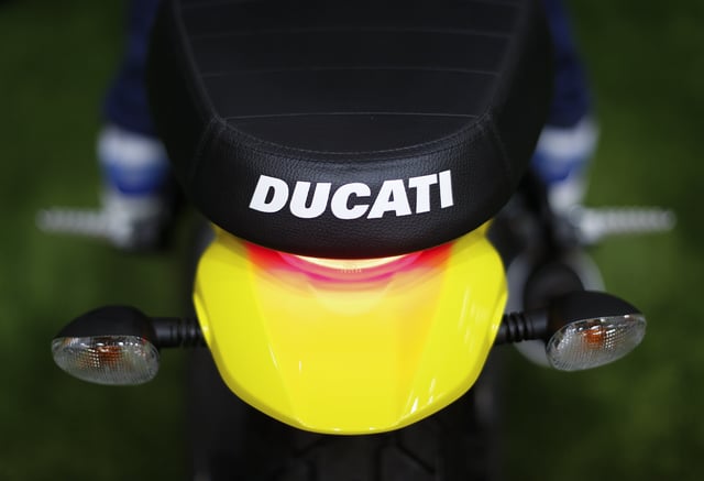 The logo of Ducati is seen on a Scrambler model in Rome, Italy, March 5 2016.    REUTERS/Alessandro Bianchi