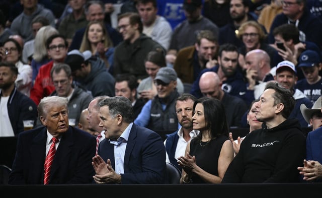 US President Donald Trump, Senator Dave McCormick, his wife Dina Powell McCormick and Elon Musk watch the men&#39;s NCAA wrestling competition at the Wells Fargo Center in Philadelphia, Pennsylvania, on March 22, 2025.