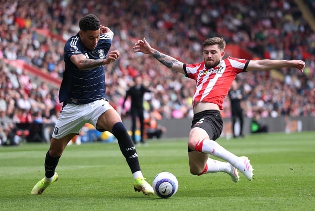 Soccer Football - Premier League - Southampton v Aston Villa - St Mary's Stadium, Southampton, Britain - April 12, 2025 Aston Villa's Morgan Rogers in action with Southampton's Jack Stephens Action Images via Reuters/John Sibley