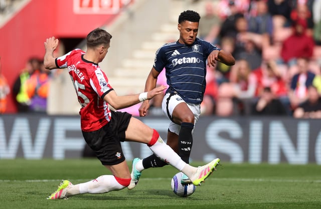 Soccer Football - Premier League - Southampton v Aston Villa - St Mary's Stadium, Southampton, Britain - April 12, 2025 Southampton's Jan Bednarek fouls Aston Villa's Ollie Watkins to concede penalty REUTERS/Ian Walton
