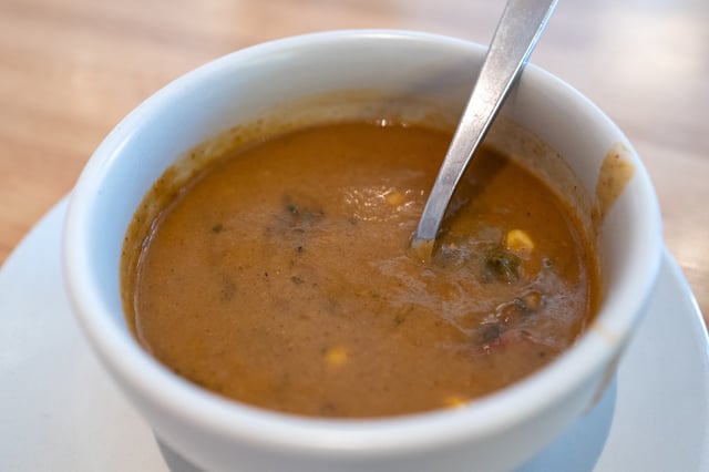 Stock image: Product shown is not recalled soup. Close-up of bowl of corn tortilla soup at True Food Kitchen restaurant in Walnut Creek, California, June, 2022.