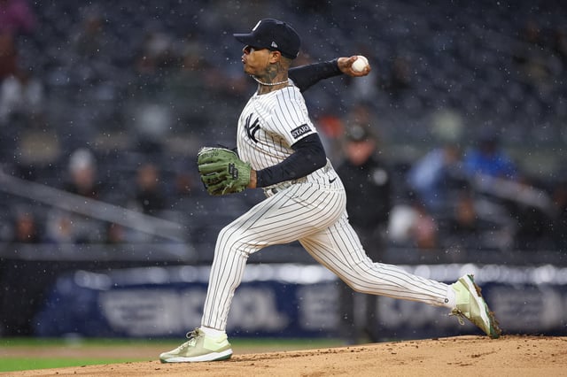 Apr 11, 2025; Bronx, New York, USA; New York Yankees starting pitcher Marcus Stroman (0) delivers a pitch during the first inning against the San Francisco Giants at Yankee Stadium. Mandatory Credit: Vincent Carchietta-Imagn Images/File Photo
