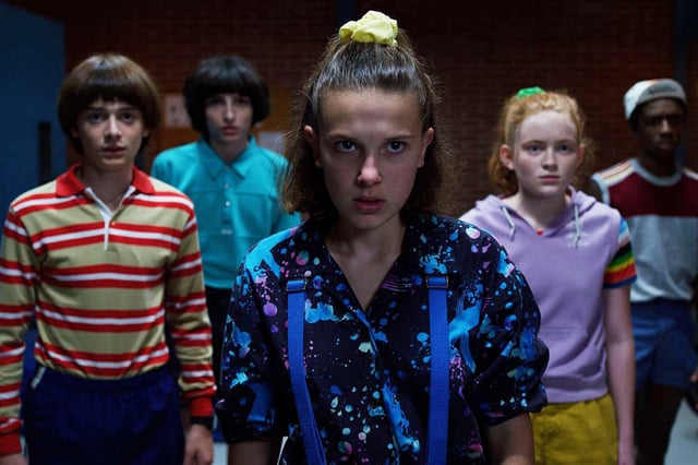 From left to right: Noah Schnapp, Finn Wolfhard, Millie Bobby Brown, Sadie Sink, and Caleb McLaughlin in &#34;Stranger Things.&#34;