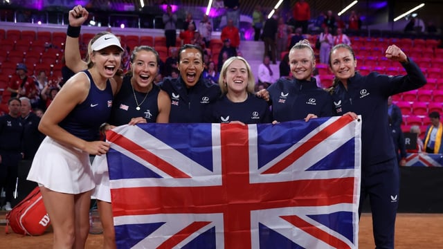 Boulter and Burrage, left, join captain Keothavong and the rest of the team in celebrating Great Britain’s progress to the Billie Jean King Cup finals this autumn