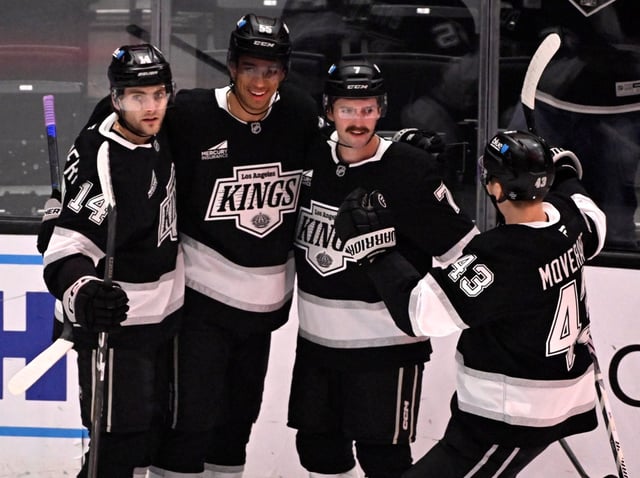 The Kings’ Quinton Byfield, second from left, celebrates with teammates after opening the scoring in the first period of a 5-4 victory over the Colorado Avalanche on Saturday, April 12, 2025, at Crypto.com Arena. (Photo by Keith Birmingham, Orange County Register/ SCNG)