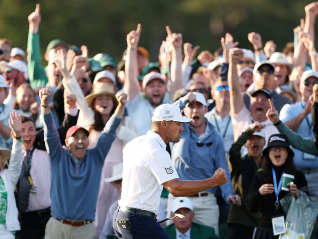AUGUSTA, GEORGIA - APRIL 12: Bryson DeChambeau of the United States reacts on the 18th green during the third round of the 2025 Masters Tournament at Augusta National Golf Club on April 12, 2025 in Augusta, Georgia.