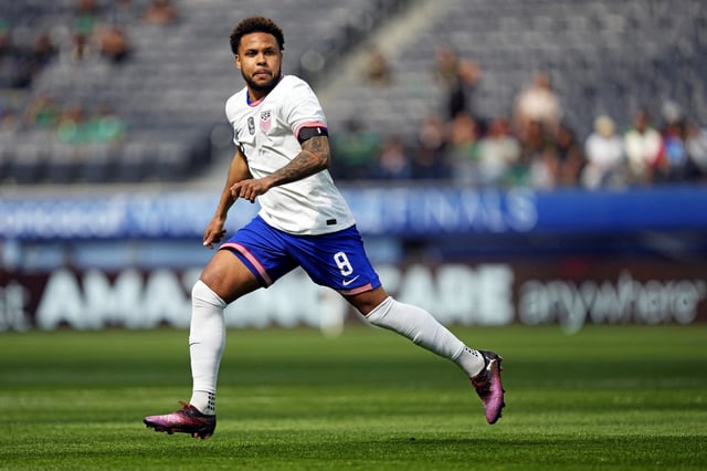 Mar 23, 2025; Inglewood, California, USA; USA midfielder Weston McKennie (8) during the first half against Canada the Concacaf Nations League third place match at SoFi Stadium. Mandatory Credit: Kyle Terada-Imagn Images/File Photo