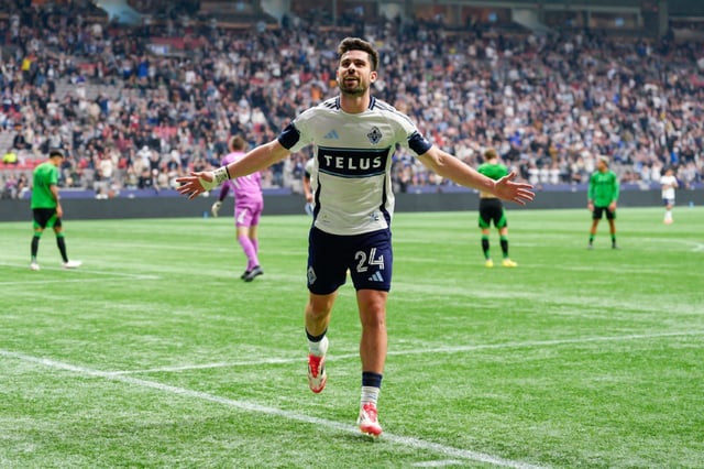 Brian White celebrates after scoring one of his four goals in Vancouver's thrashing of Austin FC