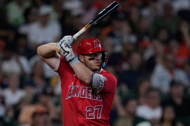 Angels’ Mike Trout bats during the third inning of a baseball game against the Houston Astros, Saturday, April 12, 2025, in Houston. (AP Photo/Kevin M. Cox)