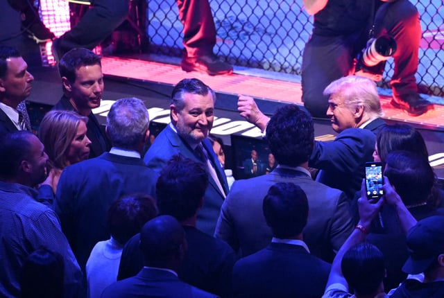 US Secretary of Health and Human Services Robert F. Kennedy Jr. (2L), his wife actress Cheryl Hines (L), US President Donald Trump (R) and US Senator Ted Cruz (R-TX) attend UFC 314 at the Kaseya Center in Miami, Florida, on April 12, 2025.