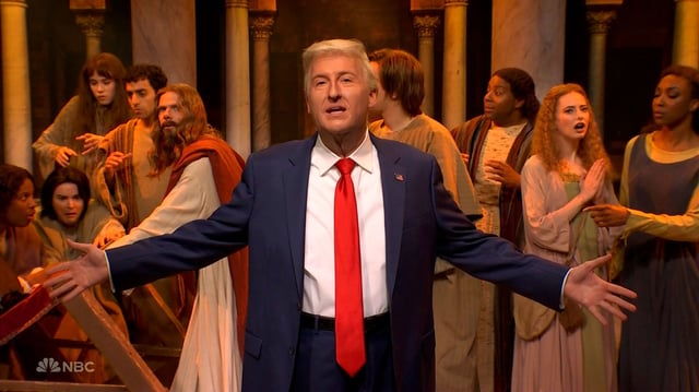 James Austin Johnson plays President Donald Trump in an Easter-themed cold open to Saturday Night Live on April 12, 2025. 