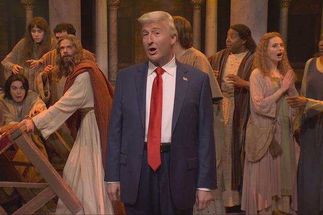 James Austin Johnson, playing President Donald Trump, performs during the cold open of "Saturday Night Live" on Saturday, April 12, 2025.