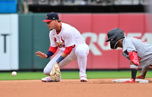 Mar 30, 2025; St. Louis, Missouri, USA; Minnesota Twins shortstop Willi Castro (50) is safe at second base as St. Louis Cardinals second base Nolan Gorman (16) waits on the ball in the sixth inning at Busch Stadium. Mandatory Credit: Tim Vizer-Imagn Images/File Photo