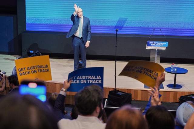 Australian Liberal Party and opposition leader Peter Dutton waves after speaking during his party's campaign launch ahead of the May 3 federal election in western Sydney, Australia, Sunday, April 13, 2025. (AP Photo/Mark Baker)