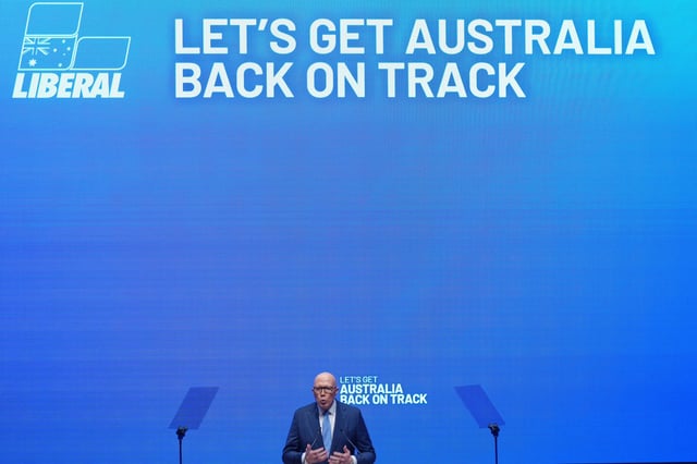 Australian Liberal Party and opposition leader Peter Dutton gestures as he speaks at his party's coalition campaign launch ahead of the May 3 federal election in western Sydney, Australia, Sunday, April 13, 2025. (AP Photo/Mark Baker)