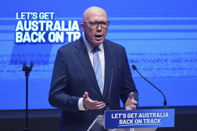Australian Liberal Party and opposition leader Peter Dutton gestures as he speaks at his party's coalition campaign launch ahead of the May 3 federal election in western Sydney, Australia, Sunday, April 13, 2025. (AP Photo/Mark Baker)