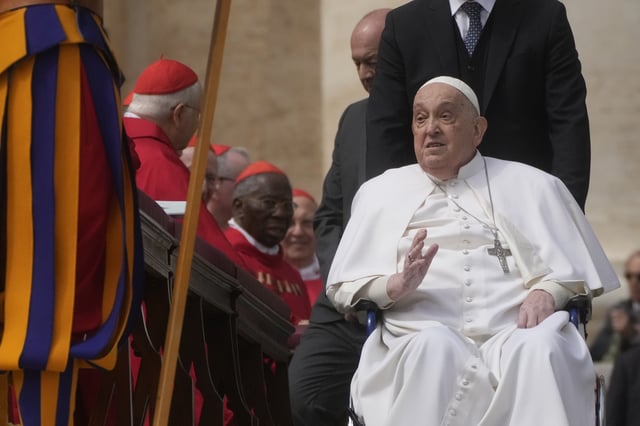 Pope Francis arrives at the end of the mass on Palm Sunday in St. Peter's Square at The Vatican, Sunday, April 13, 2025. (AP Photo/Gregorio Borgia)