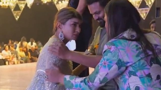 Lakshmi Manchu looked teary-eyed after Manchu Manoj surprised her at an event in Hyderabad.