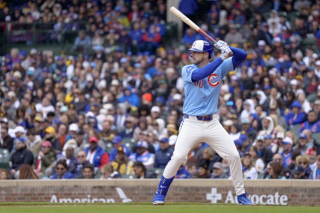 CHICAGO, ILLINOIS - APRIL 5: Kyle Tucker #30 of the Chicago Cubs bats in a game against the San Diego Padres at Wrigley Field on April 5, 2025 in Chicago, Illinois.