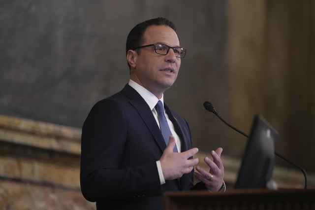 FILE - Pennsylvania Gov. Josh Shapiro delivers his budget address for the 2025-26 fiscal year to a joint session of the state House and Senate at the Capitol on Tuesday, Feb. 4, 2025, in Harrisburg, Pa. (AP Photo/Matt Rourke, File)