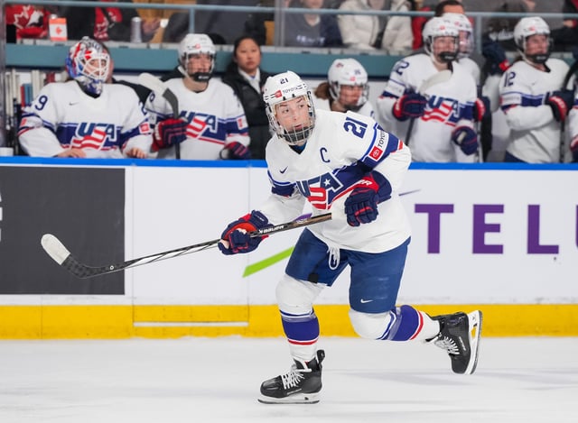 Hilary Knight #21 of Team USA skates against Team Canada at Kitchener Memorial Auditorium on December 14, 2023 in Kitchener, Ontario, Canada.