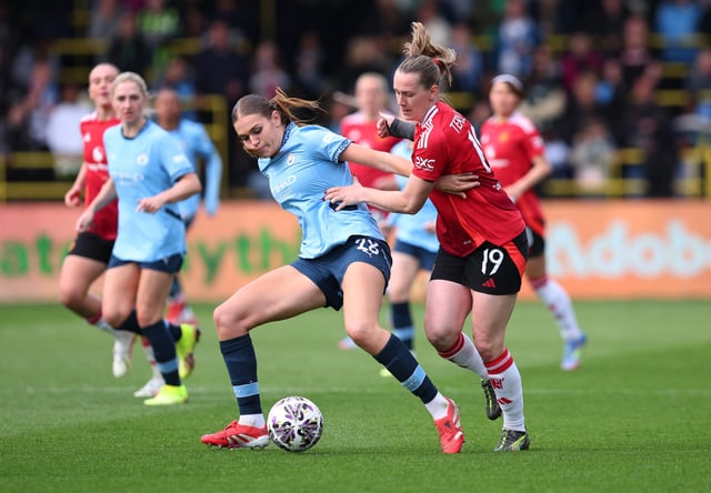 Soccer Football - Women's FA Cup - Semi Final - Manchester City v Manchester United - Manchester City Academy Stadium, Manchester, Britain - April 13, 2025 Manchester City's Gracie Prior in action with Manchester United's Elisabeth Terland Action Images via Reuters/Craig Brough