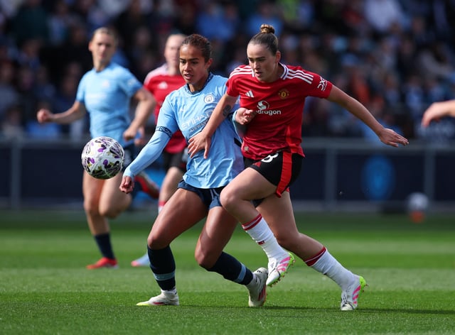 Soccer Football - Women's FA Cup - Semi Final - Manchester City v Manchester United - Manchester City Academy Stadium, Manchester, Britain - April 13, 2025 Manchester City's Mary Fowler in action with Manchester United's Grace Clinton Action Images via Reuters/Craig Brough