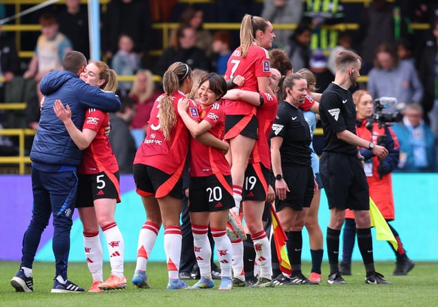 Soccer Football - Women's FA Cup - Semi Final - Manchester City v Manchester United - Manchester City Academy Stadium, Manchester, Britain - April 13, 2025 Manchester United players celebrate after the match Action Images via Reuters/Craig Brough