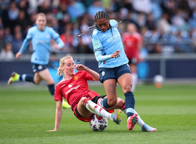 Soccer Football - Women's FA Cup - Semi Final - Manchester City v Manchester United - Manchester City Academy Stadium, Manchester, Britain - April 13, 2025 Manchester City's Kerolin in action with Manchester United's Millie Turner Action Images via Reuters/Craig Brough
