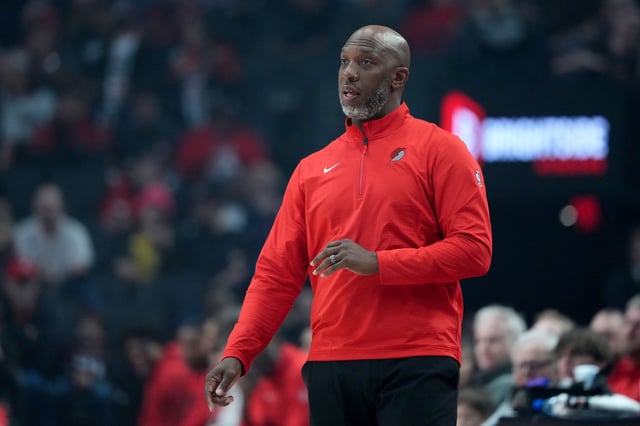 Apr 6, 2025; Portland, Oregon, USA; Portland Trail Blazers head coach Chauncey Billups watches from the sideline during the first half against the San Antonio Spurs at Moda Center. Mandatory Credit: Soobum Im-Imagn Images/File Photo