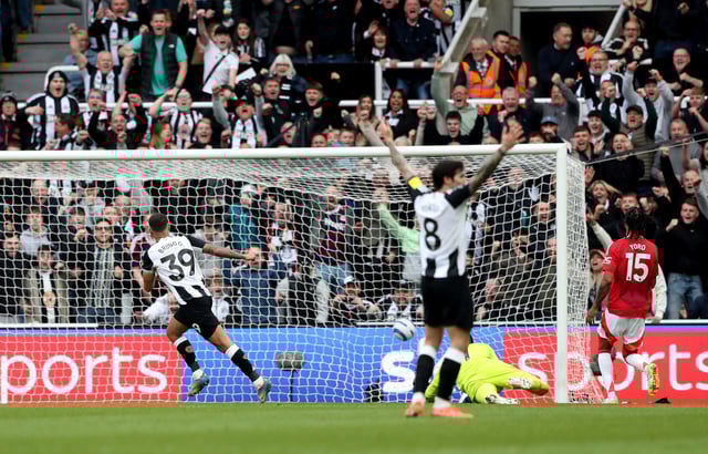Soccer Football - Premier League - Newcastle United v Manchester United - St James' Park, Newcastle, Britain - April 13, 2025  Newcastle United's Bruno Guimaraes scores their fourth goal REUTERS/Scott Heppell EDITORIAL USE ONLY. NO USE WITH UNAUTHORIZED AUDIO, VIDEO, DATA, FIXTURE LISTS, CLUB/LEAGUE LOGOS OR 'LIVE' SERVICES. ONLINE IN-MATCH USE LIMITED TO 120 IMAGES, NO VIDEO EMULATION. NO USE IN BETTING, GAMES OR SINGLE CLUB/LEAGUE/PLAYER PUBLICATIONS. PLEASE CONTACT YOUR ACCOUNT REPRESENTATIVE FOR FURTHER DETAILS..