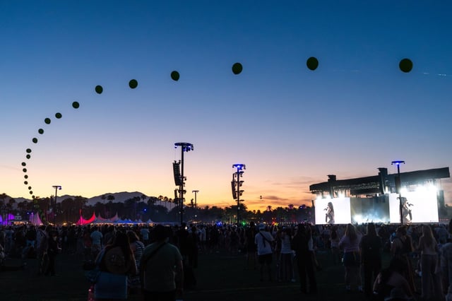 The Balloon Chain floats above the main stage as Charli XCX performs during golden hour at the Coachella Valley Music and Arts Festival in Indio on Friday, April 11, 2025. (Photo by Watchara Phomicinda, Contributing Photographer)