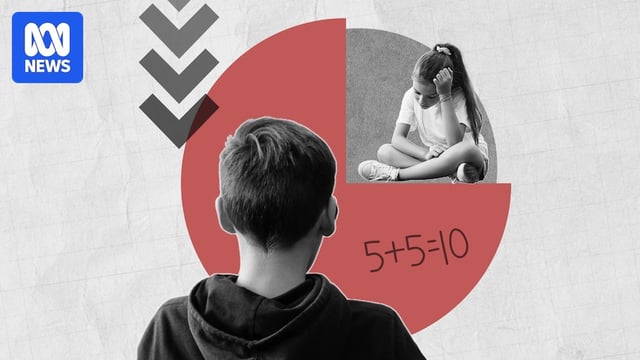 A graphic showing a young boy and girl in front of a red circle and downward arrows