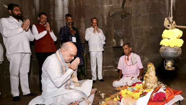 Union Home Minister Amit Shah along with Maharashtra Chief Minister Devendra Fadnavis and State Deputy Chief Ministers Eknath Shinde and Ajit Pawar offers prayers at the Jagdishwar Mahadev temple on Chhatrapati Shivaji Maharaj's 345th death anniversary, at the Raigad Fort in Raigad on Saturday. (AmitShah- X)