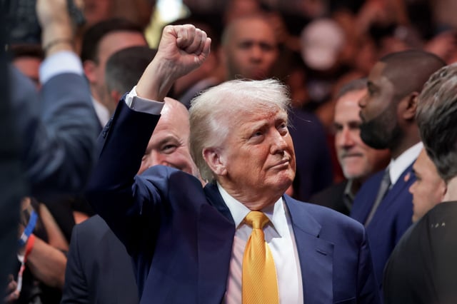 U.S. President Donald Trump prepares to watch the Ultimate Fighting Championship at the Kaseya Center on April 12, 2025 in Miami, Florida.