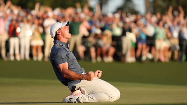 AUGUSTA, GEORGIA – APRIL 13: Rory McIlroy of Northern Ireland celebrates winning the 2025 Masters Tournament after the playoff hole on the 18th green at Augusta National Golf Club on April 13, 2025 in Augusta, Georgia. (Photo by Richard Heathcote/Getty Images)