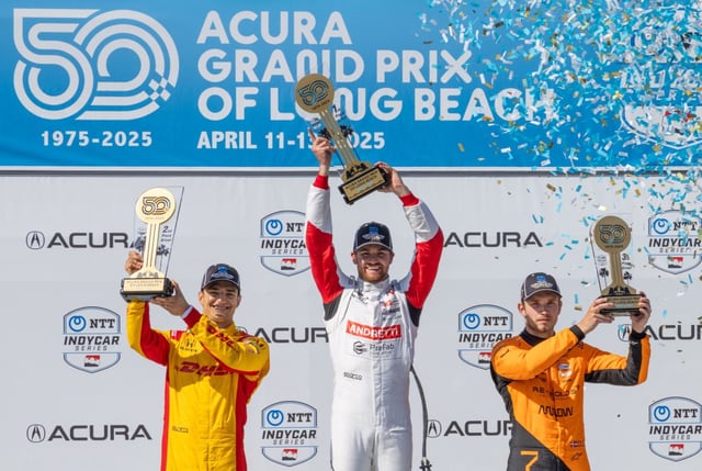The 50th anniversary Acrura Grand Prix of Long Beach took place Sunday April 13, 2025. Winning driver Kyle Kirkwood, center, 2nd place finisher Alex Palou, left and 3rd place finisher Christian Lundgaard,right celebrate. (Photo by Chuck Bennett, Contributing Photographer)