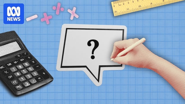 A graphic showing a calculator, maths symbols, a ruler and a hand holding a pen