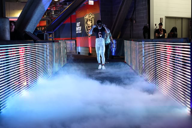 Nov 10, 2024; Chicago, Illinois, USA; Chicago Bears cornerback Kyler Gordon (6) takes the field before the game against the New England Patriots at Soldier Field. Mandatory Credit: Mike Dinovo-Imagn Images/File Photo