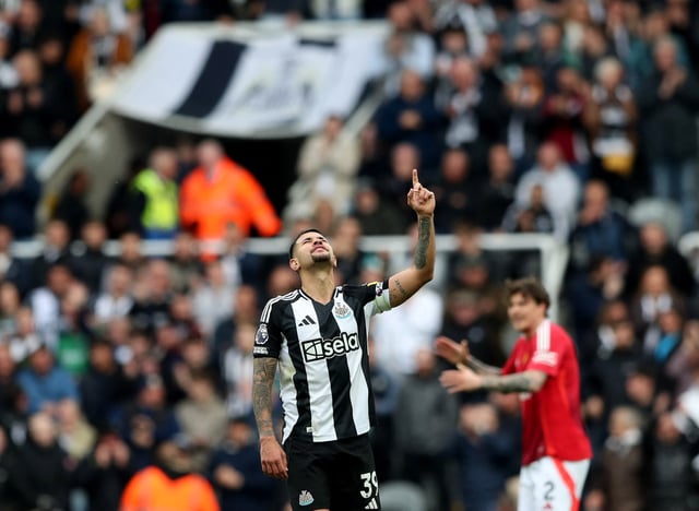 Soccer Football - Premier League - Newcastle United v Manchester United - St James' Park, Newcastle, Britain - April 13, 2025  Newcastle United's Bruno Guimaraes celebrates scoring their fourth goal REUTERS/Scott Heppell EDITORIAL USE ONLY. NO USE WITH UNAUTHORIZED AUDIO, VIDEO, DATA, FIXTURE LISTS, CLUB/LEAGUE LOGOS OR 'LIVE' SERVICES. ONLINE IN-MATCH USE LIMITED TO 120 IMAGES, NO VIDEO EMULATION. NO USE IN BETTING, GAMES OR SINGLE CLUB/LEAGUE/PLAYER PUBLICATIONS. PLEASE CONTACT YOUR ACCOUNT REPRESENTATIVE FOR FURTHER DETAILS..