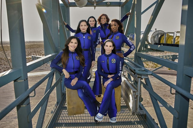 Crew members for the NS-31 suborbital space mission strike a pose on Blue Origin's launch tower in Texas. Clockwise from lower left: Lauren Sanchez, Amanda Nguyen, Katy Perry, Gayle King, Aisha Bowe and Kerianne Flynn. (Blue Origin Photo)