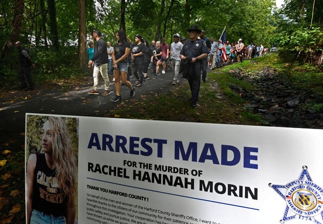 Patty Morin and her family lead a prayer walk to honor her daughter Rachel on the one year mark since her murder on the Ma &amp; Pa Heritage Trail last August (Kenneth K. Lam/Staff)
