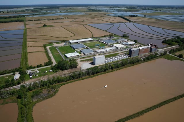 The South Louisiana ICE Processing Center is seen in this aerial photo in Basile, La., Tuesday, April 8, 2025. (AP Photo/Gerald Herbert)