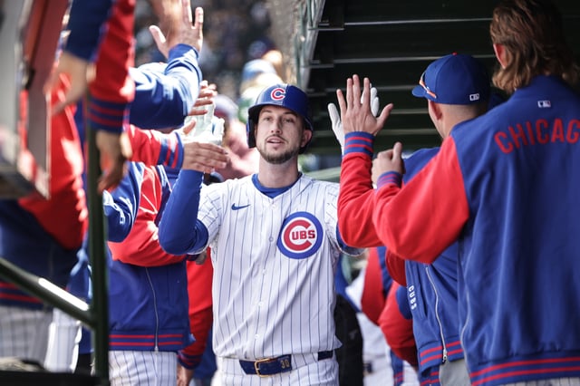CHICAGO, ILLINOIS - APRIL 6: Kyle Tucker #30 of the Chicago Cubs celebrates hitting a home run during the second inning against the San Diego Padres at Wrigley Field on April 6, 2025 in Chicago, Illinois.