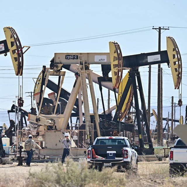 Pumpjacks are seen in oilfields along Highway 33, known as the Petroleum Highway, west of Buttonwillow, Kern County, California on April 9, 2025. US crude rallied more than 4% after US President Trump lowered tariffs on some of America's trading partners. (Photo by Frederic J. BROWN / AFP) (Photo by FREDERIC J. BROWN/AFP via Getty Images)