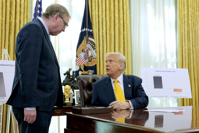 U.S. President Donald Trump speaks with Director of the National Economic Council Kevin Hassett in the Oval Office at the White House on March 7, 2025 in Washington, DC.