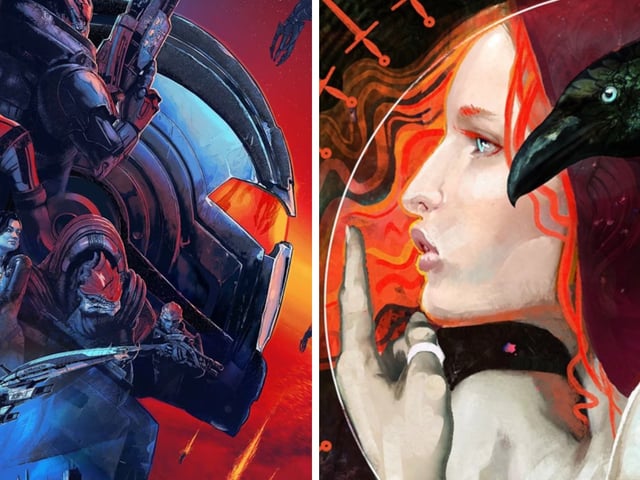 The concept art for Mass Effect's legendary edition in a stand-off with The Queen of Swords tarot from Dragon Age.