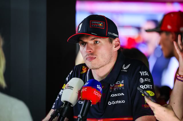 Max Verstappen of Netherlands and Oracle Red Bull Racing answers questions in the media pen during the F1 Grand Prix of Bahrain at Bahrain International Circuit on April 13, 2025 in Bahrain, Bahrain.