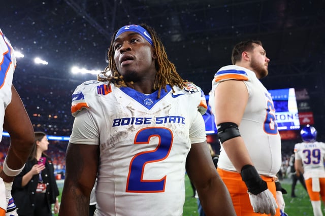 Dec 31, 2024; Glendale, AZ, USA; Boise State Broncos running back Ashton Jeanty (2) reacts after the game against the Penn State Nittany Lions in the Fiesta Bowl at State Farm Stadium. Mandatory Credit: Mark J. Rebilas-Imagn Images/ File Photo
